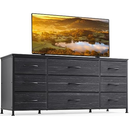 EnHomee Dresser TV Stand with Drawers, Entertainment Center with 9 Drawers, Media Console Table for 60 ” TV Console for Bedroom, Sturdy Metal Frame & Wood Top, Living Room, Closet, Charcoal Black