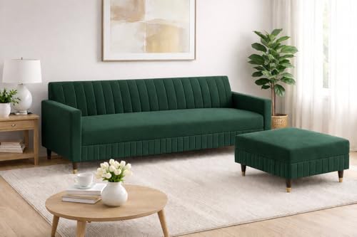 Image of Wooden L Shape Sofa 4 Seater with Ottoman | Velvet Fabric Upholstery | Modern Sectional Wooden Frame Couch for Living Room, Home & Office (Green)