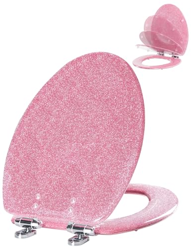 Angol Shiold ELONGATED Pink Glitter Resin Slow Close Toilet Seat 18.5Inch