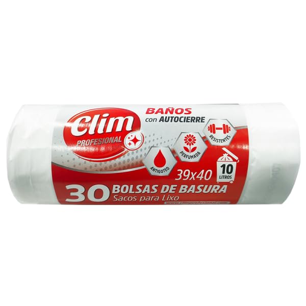 Clim Profesional Bolsas de Basura para Papelera de Baño o Papelera Pequeña. Rollo de 30 Bolsas de Basura de 10L Blancas para Baño Extra Resistentes y muy Perfumadas y con Sistema Autocierre