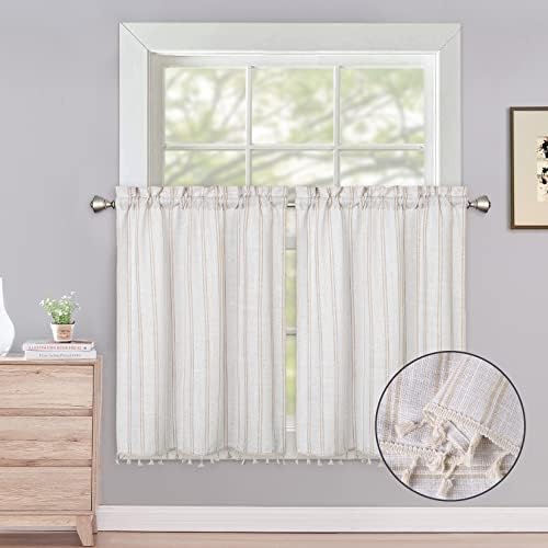 CAREMEE Cafe Curtains Linen Blend Fabric Tier Curtains Kaki Ticking Stripe Kitchen Curtains Farmhouse Country Light Filtering Window Curtains, 27 x 36 Inches, Kaki