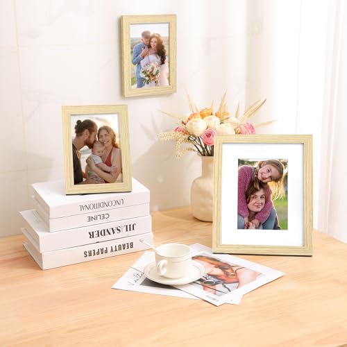decorUhome 8x10 Picture Frame, Display Photos 5x7 with Mat or 8x10 Unmatted, Engineered Wood Frame with Plexiglass for Wall and Tabletop Display, Natural, Set of 1
