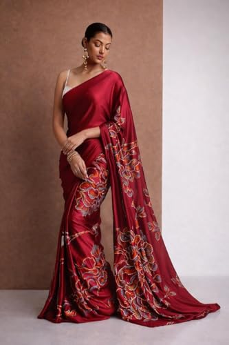 Image of Japan Satin Floral Print Saree for Women with Blouse Piece - Satin Finish Draped Saree