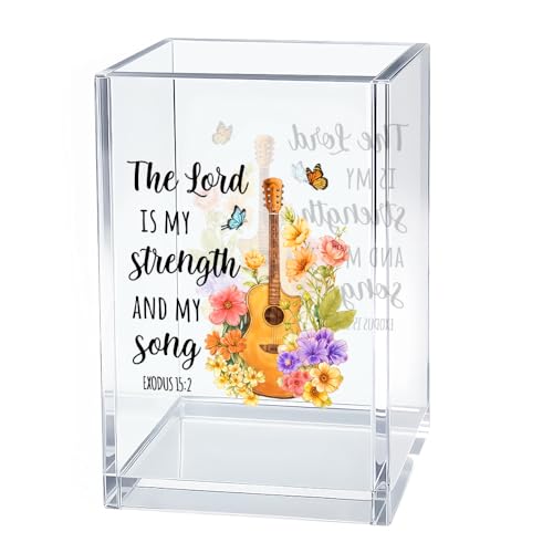Image of The Lord Is My Strength And My Song Pen Holder Makeup Organizer, Funny Guitar Scripture Christian Pencil Pen Holder for Desk, Exodus 15:2 Bible Verse Desk Accessories, Religious Gifts Pencil Cup