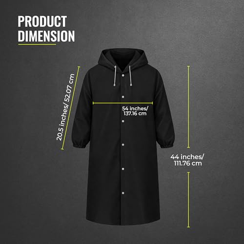 Image of Robustt EVA Reusable Raincoat with Hood (Black) - Pack of 1 | Elasticated Full Sleeves Outdoor Waterproof Raincoat for Men & Women | Rainwear | Button Closure | Knee Length | Universal Fit