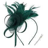 AMCAMI Fascinators Hats with Feather for Women 2025 Derby Hats Tea Party Hat with Headband and Clip Dark Green
