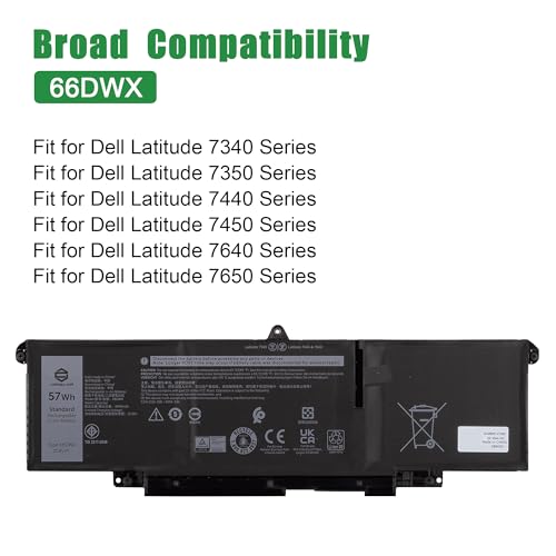 Image of 66DWX 086D0Y Laptop Battery Replacement for Dell Latitude 7340 7350 7440 7450 7640 7650 Series Notebook 86D0Y 00HYH8 0HYH8 11.4V 57Wh 4878mAh