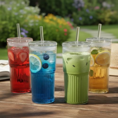 Image of ginoya brothers 600ml Glass Mason Tumbler with Lid and Straw - Leakproof Reusable Drinking Cup for Juice, Smoothies, Iced Coffee, Tea, Cold Beverages. (Pack of 4)
