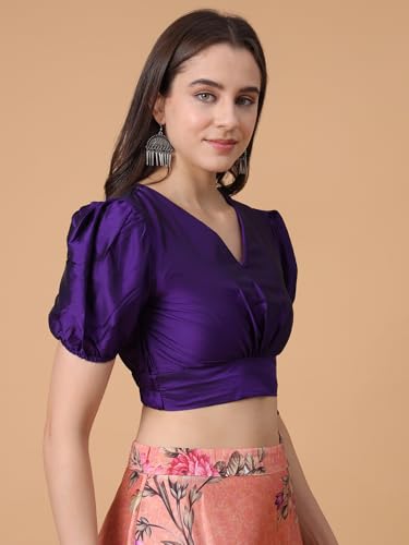 Image of Frolic Rolic Premium Silk V-Neck Blouse Readymade Saree Blouse - Designer Puff Sleeve Blouse for Wedding
