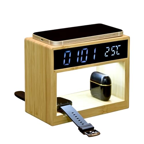 Image of Wangari Cypress 6-in-1 Bamboo Wireless Charging Station | Qi-Certified Fast Charger for Smartphone, Earbuds, Smartwatch | Digital Clock, Lamp & Temperature Indicator