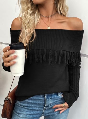 EVALESS Womens Off The Shoulder Sweater Fall Fringe Long Sleeve Loose Pullover Sweaters Tops4
