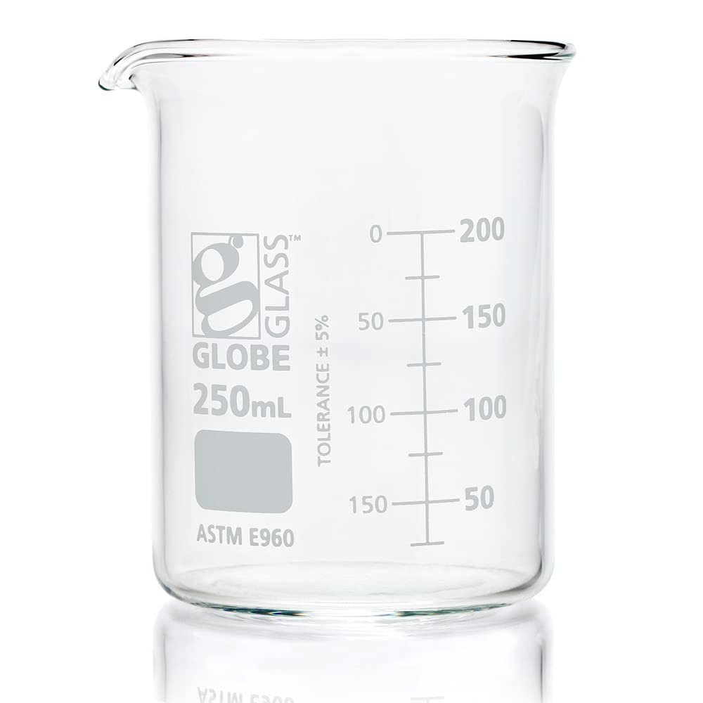 Globe Scientific Beaker, Globe Glass 250mL Low Form Griffin Style, Dual Graduations, 3.3 Borosilicate Glass, ASTM E960, 12/Box (8010250)