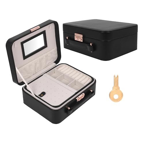 Image of BUCKETLIST PU Leather Jewellery Organizer Box with Mirror & Necklace Hooks | Large Multi-Compartment Jewelry Storage Case with Removable Tray & Mini Travel Box (Luxury Jewelry Box with Mirror (Black)
