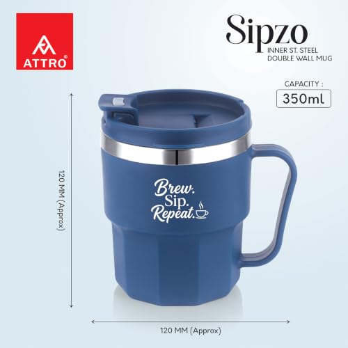 Image of ATTRO Sipzo Double Wall Inner Steel Coffee Mug, 350ml, Microwave Safe, Stainless Steel Inner, BPA Free Food Grade Outer, Leakproof Lid with Dust Cover, Wide Mouth, Office & Travel Mug-Blue