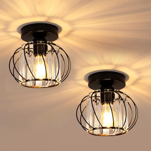 Pheashine 2Pcs Lámpara de Techo de Cristal Moderna, E27 Semi Empotrado Lámpara de Araña de Cristal, Redonda Luz de techo Negro para Pasillo Dormitorio Porche Entrada