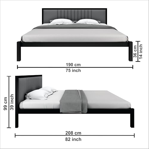 Image of Homdec Venus Wall-Supported Upholstered Headboard Metal Bed (Black, King (U.K. Standard))
