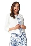 Roman Originals Cropped Bolero Jacket for Women UK Ladies Wedding Guests Shrug Jacquard Tailored Fitted Blazer Smart Work Formal Evening Short Round Collar 2 Pockets - Ivory - Size 20