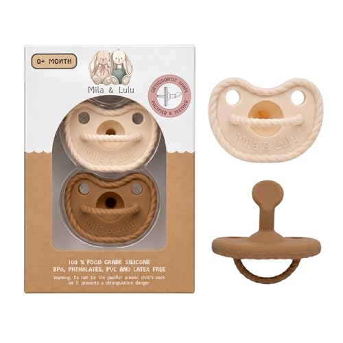 Image of Orthodontic Silicone Pacifiers (Set of 2) - 100% Food-Grade, One-Piece Design, Soft Orthodontic Nipple, Airflow Shield, Multi-Use Pacifier & Soother for 0+ Months - Hazel /Beige - Mila & Lulu