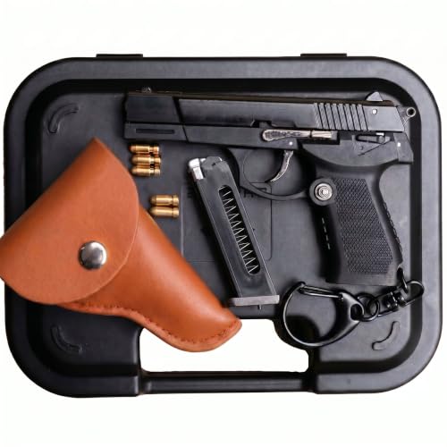 Gun-Mini Shaped Keychain with Holster 1:3 Scale Throwing Shells Cap Gun Toy Detachable Pendant Plastic Decorative Key (Black)