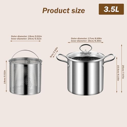 Miniatura 2 de Hoveeluty Olla Para Freír Con Cesta, 3.5 L, Acero Inoxidable, Con Mango Antiescaldado Y Tapa Transparente, Incluye Cesta De Malla, Color Plateado