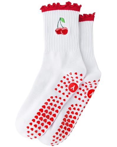Image of Yawlsow Cute Pilates Grip Socks for Women Ruffle Frilly Yoga Socks Non Slip Cotton Crew Grippy Sock for Barre Workout