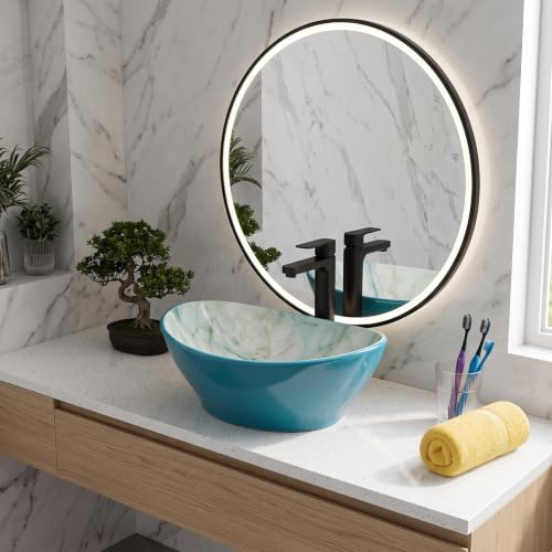 Image of Elegant Designer Ceramic Vessel Sink, Table Top Wash Basin for Bathroom, Hotel & Home Vanity Counter, Modern Over Counter Basin, 16 x 13 x 5.5 Inch