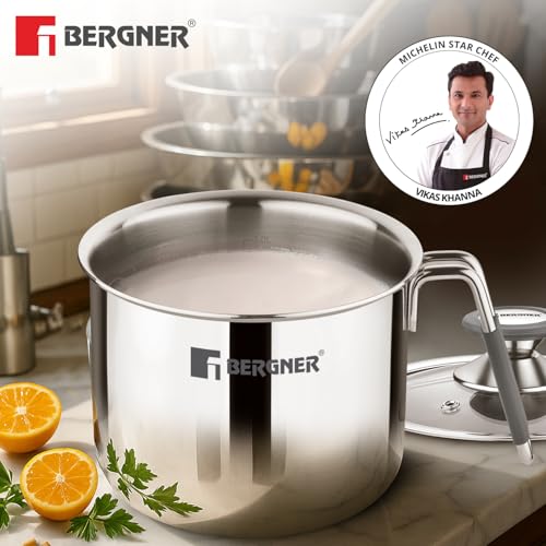 Image of Bergner Argent Triply Stainless Steel 12cm (1 L) Milk Boiler with Glass Lid, Steam Vent, Flared Rim, Stay Cool Cast Handle with Silicone Grip, Even and Faster Heating, Easy to Clean - Induction Bottom