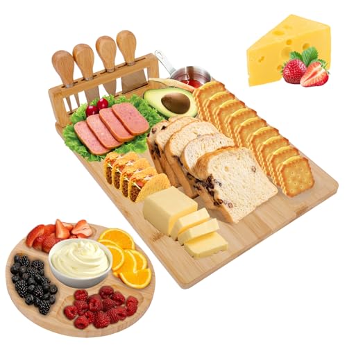 TURIMON Bamboo Charcuterie Board Set - Cheese Serving Platter with 4 Stainless Steel Knives and...