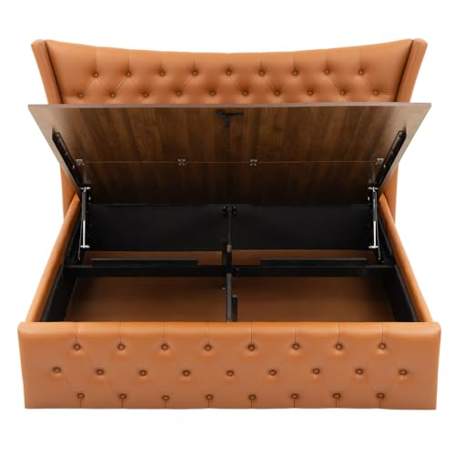 Image of Wakefit Bed | King (78 X 72) Solid Wood Bed, Upholstered, Hydraulic, 3 Year Warranty | - Lovejoy - Tan Brown