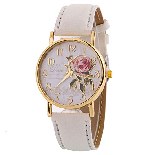 HshDUti Montre-bracelet analogique à quartz pour femme avec cadran rond et bracelet en cuir synthétique Motif roses Blanc Cover