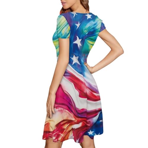 Image of POLERO Women Puffy Swing Elegant Party Midi Dresses Short Sleeve Round Neck A-Line Dress