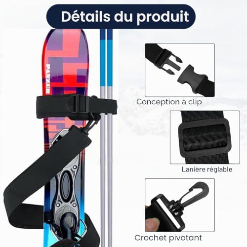 WOUMON Sangle Porte-Ski, Bandoulière de Ski Réglable, Sangle de Ski et Porte-bâtons, Convient à Adultes et Enfants (Noir) – vue 3