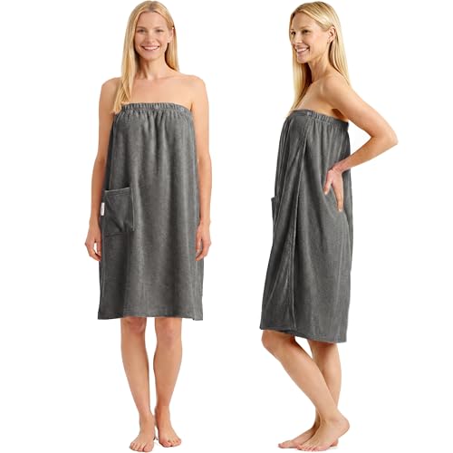CalmySPA Leicht Frottee Saunakilt Damen - Saunahandtuch Baumwolle mit Gummizug und Knopf Saunakleid Saunatuch Sauna Handtuch Kleid Frauen Kilt (Anthrazit)