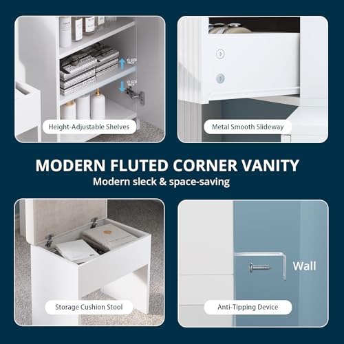 Image of FURSUN Fluted Makeup Vanity Desk with HD 3 Way Mirror and Lights, 51 inch Large Corner Vanity Table with Charging Station, Dressing Table with 4 Drawers & 2 Storage Cabinets for Bedroom, White