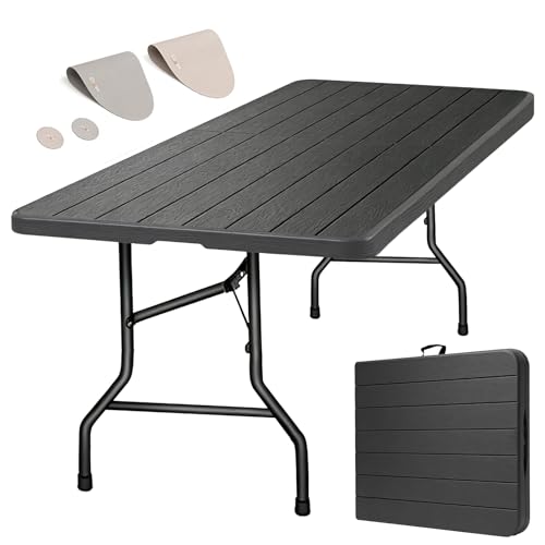 Eiryss Table Pliante Extérieur 180x74cm, Table Pliable Jardin pour 8 Personnes, Noir avec Plateau Plastique Effet Bois & Cadre Métal, 150 kg, 3 Verrous...