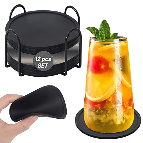 Dessous de Verre Silicone Noir, Dessous de sous Verre Rond Set de 12 avec Plateau - Antidérapants et Isolés - pour Verre de Bière, Tasses à Café, sous-Verre de Table en Silicone