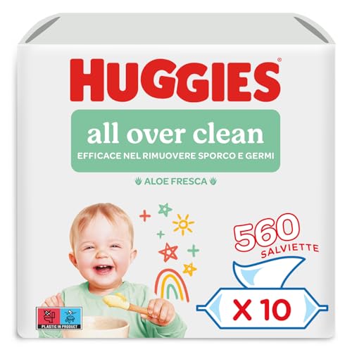  Huggies All Over Clean Salviette Umidificate per Bambini, 560 Salviette, Con Aloe Vera e 99% di Acqua pura, (10 pacchi x 56 pz)