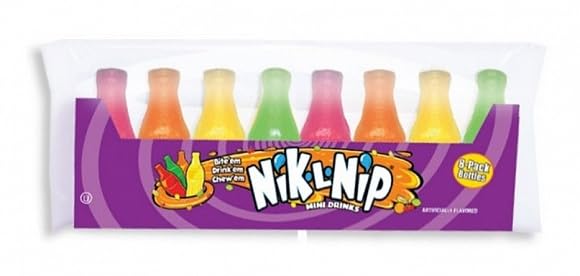 Nik-L-Nip Mini Drinks Wax Bottles 8er Pack 79g Amerikanische Süßigkeit in essbaren Wachsflaschen Nostalgie Süßigkeit mit Fruchtgeschmack