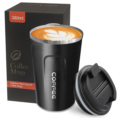YINBAOGE Insulated Travel Coffee Mug, Spill & Leak Proof, Portable To Go Camping Stainless Steel Coffee Tumbler, Reusable Thermal Coffee Cup with Lid for Hot & Cold Drinks (2nd-Black, 12 OZ)