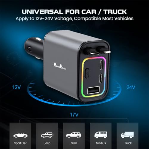 Image of PunnkFunnk 120W 5-in-1 Super Fast Car Charger | Multi-Port USB & Type-C Car Adapter with Display Screen, Telescopic Charging Cable, 4 Devices Simultaneous Charging - Compatible with iOS & Android