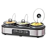 Schallen Stainless Steel Stew and Stir Slow Cooker Cooking Machine, Family Sized, Energy Efficient, Removable Ceramic Pot, Brushed Silver (Triple - 3 x 1 Litre)