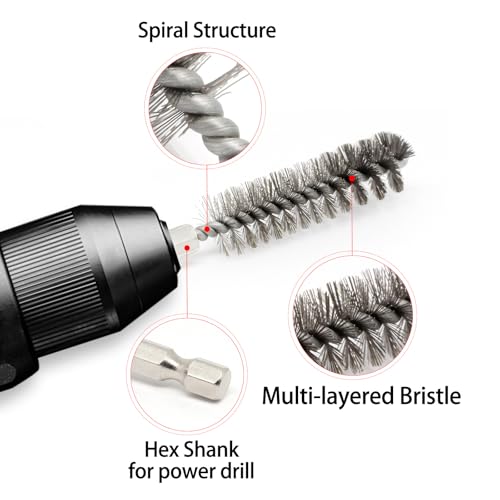Image of 6 Pcs Bore Brush for Drill, 1 /4 inch Hex Shank Stainless Steel Twisted Wire Brush for Drill, Bristle Round Wire Brush with Different Sizes, Tube Pipe Cleaner for Rust (Diameter 8,10,12,15,17,19mm)