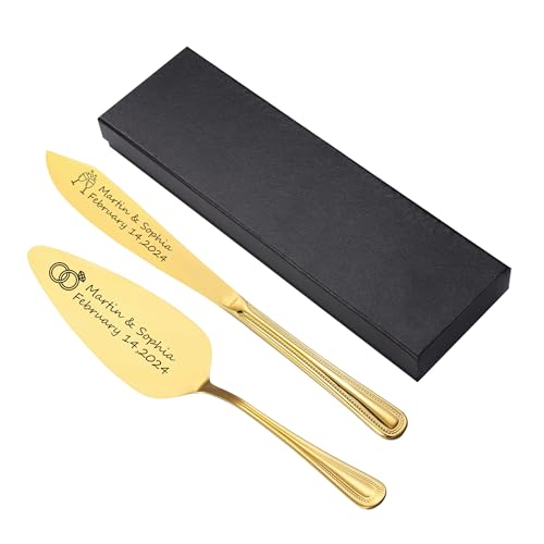 Yoption Personalized Cake Cutting Set for Wedding, Custom Stainless Steel Cake Knife and Server Set, Vintage Pie Cake Cutter Serving Set for Bridal Anniversary Birthday Graduation Gift (Gold)