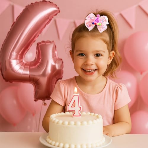Winmany 2-Pack Birthday Hair Bows for Baby Girls, Strawberry Pink & Blue Headbands and Hair Clips with Sparkly Numbers for Ages 1-6, Cake Smash Photo Props & Party Accessories (Pink 4, 4 Years)4