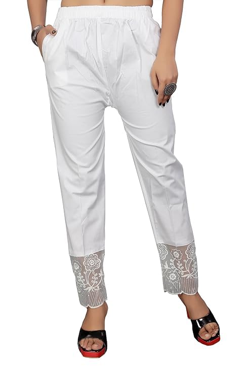 Women's Cigarette Pants/Cotton Trousers with Stylish Net Design at Bottom for Casual Wear-image-15