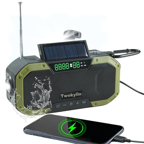 Emergency Radio Waterproof Bluetooth Speaker,Hand-Crank NOAA Weather Radio with Solar Panel,5000mAH Cell Phone Charger,Flashlight,SOS,Outdoor Camping Gear Camping