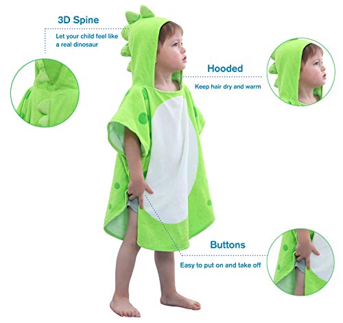 Image of LOLANTA Baby Boys Dinosaur Hooded Bath Towels, Toddlers Kid's Beach Towel Pool Poncho Swim Terry Cloth Cover-Ups 100% Cotton (Green#B, 1-3T)
