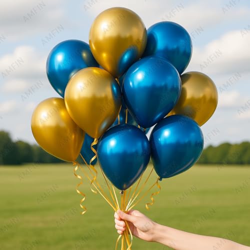 AMFIN (Pack of 10) 10 inch Metallic Chrome Balloons. Birthday, Anniversary Decoration Items - Gold, Dark Blue - Image 7
