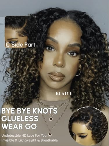 Image of KLAIYI Bye Bye Slip Ombre Chestnut Brown Bob Curly Glueless Precut 7x5 Lace Front Wigs Human Hair Side Part Drawstring Pre Plucked Bleached Knots 30S Ready to Put On and Go Wig with Dark Roots 12Inch