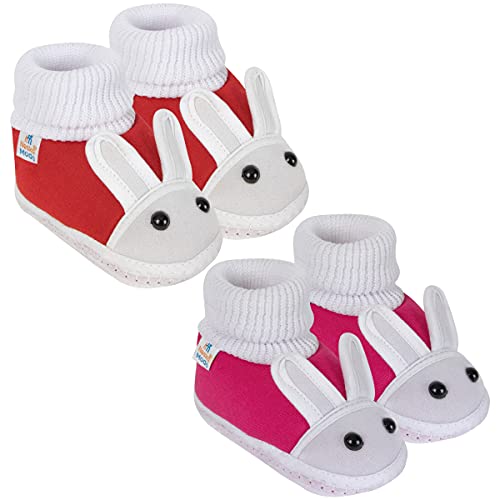 Neska Moda 0 To 6 Months Baby Boys & Girls Pack of 2 Pair Cotton Rabbit Face Slip On Baby Booties-BT367andBT368